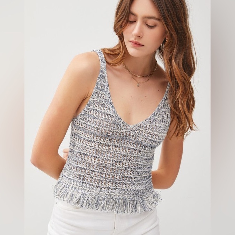 BE COOL Textured Knit Blue/Gray Fringe Tank Top